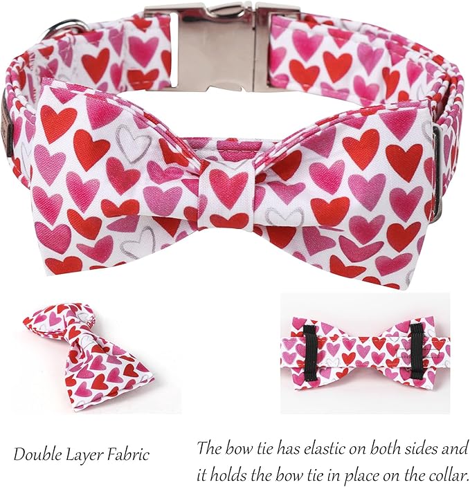 Lionet Paws Valentine's White Dog Collar, Cute Heart Dog Collar for Medium Dogs, Adjustable Cotton Pet Collars for Small Medium Dogs
