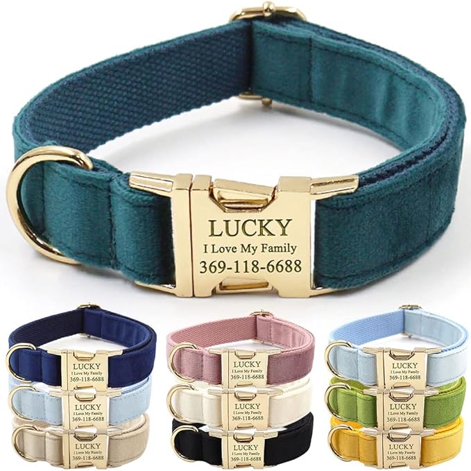 PETDURO Custom Dog Collar Personalized with Name Engraved Quick Release Rose Gold Metal Buckle for Large Medium Small Girl Dogs - Dog Leash and Bow Tie Available - Soft Comfy Velvet (Gem Green, L)