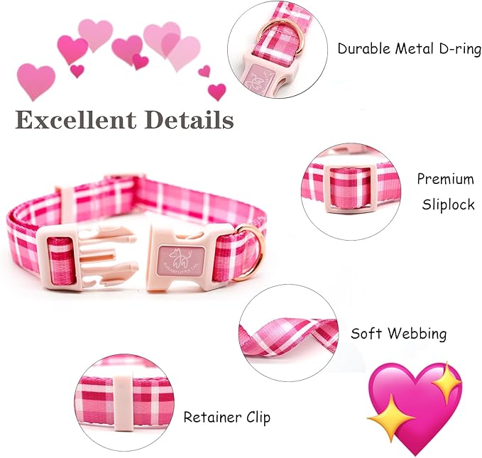 Elegant little tail Dog Collar with Leash, Pink Plaid Pet Collar Leash Adjustable Collar for Small Medium Large Dogs Soft Puppy Collars with Quick Release Buckle Girl Boy Dog Collars