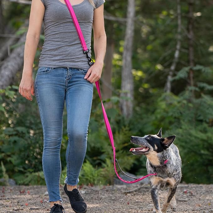 Cross Body Dog Leash - Waist or Shoulder Leash for Walking and Hiking with Medium and Large Dogs, Adjustable 4 to 6 FT Outdoor Bungee Lead with Traffic Handle by Nuvuq (18-120 lbs, Pink)