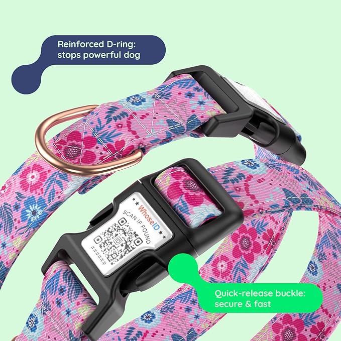 WhoseID Airtag Dog Collar,with Waterproof airtag Holder，Original Stylish Cute Pattern Design.QR Code ID Buckle，Comfortable Soft Cotton for Small Medium Large Dogs