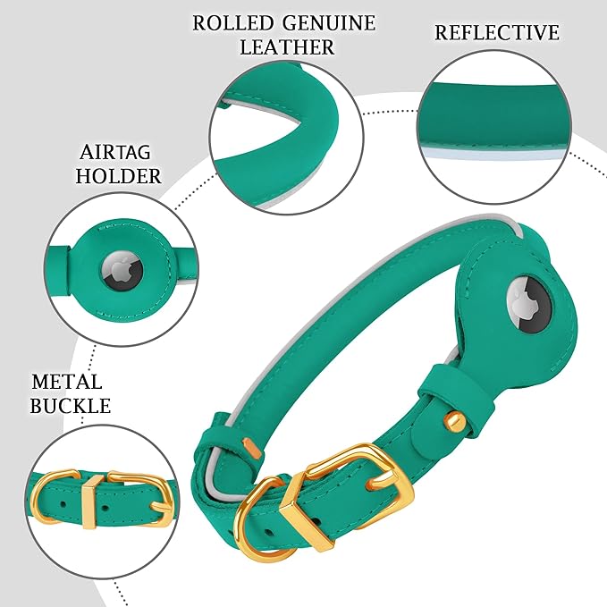 OOPSDOGGY Rolled Leather Dog Collar with Airtag Holder - Reflective Round Airtag Dog Collar - Soft Tracking Pet Collar for Small Dogs Puppy Cats Kitten (Teal, XXS, 7"-9")