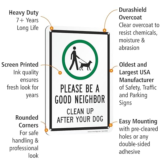SmartSign 'Please Be A Good Neighbor Clean Up After Your Dog' Metal Sign with Symbol, 10" x 7", 40 mil Laminated Rustproof Aluminum, Green, Black and White, Made in USA