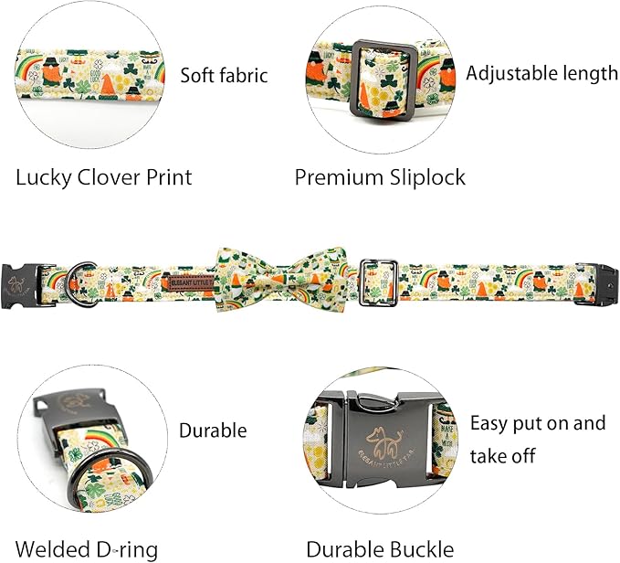 Elegant little tail St. Patrick's Dog Collar, Green Clover Print Sturdy Soft Dog Collars Pet Gift Puppy Bowtie Adjustable Pet Collars for Medium Dogs