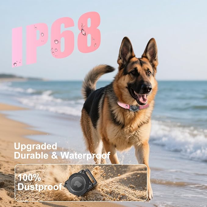Leather AirTag Dog Collar - IPX8 Waterproof Dog Collar with AirTag Holder|Reflective, High - End, Adjustable Soft Padded |Dog GPS Collar Tracker Fit for Medium Large Dogs (Pink, L)