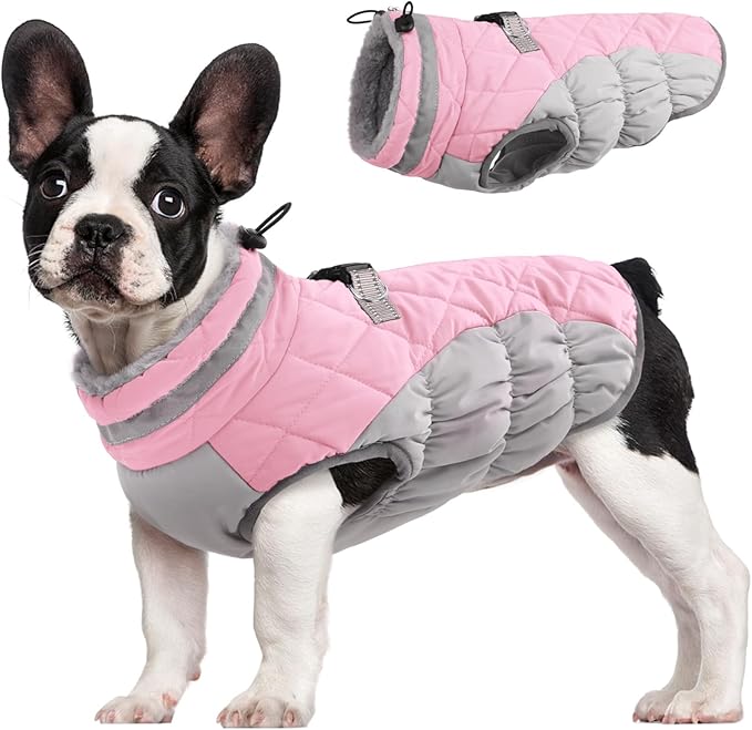 FUAMEY Dog Coat for Small Dogs,Waterproof Dog Winter Jacket with Harness Built in Puppy Cold Weather Coats Reflective Pet Vest with Zipper Warm Fleece Dogs Snowsuit Windproof Pink S