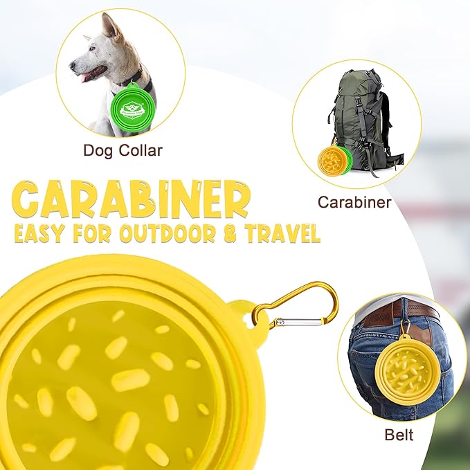 Small Collapsible Dog Bowls (12oz), 2 Pack 2 Colors Pet Travel Foldable Bowl and Slow Feeding Frisbee with Carabiners, Healthy, Soft Silicone, Portable Essential Set for Walking, Travel, and Hiking