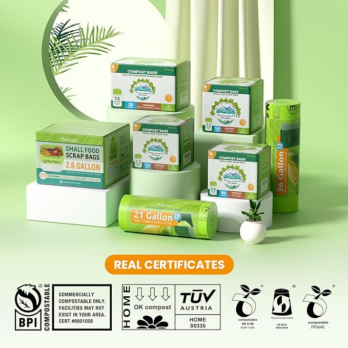 Compostable Bags,Trash bags 13+ gallon tall kitchen, Compostable Trash Lawn & Leaf Yard Waste Bags,Kitchen Compost Trash Bin Compatible,Extra Thick1.01 Mills,Certified by BPI and OK Compost