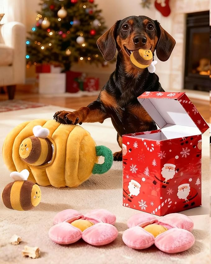 BurgeonNest Dog Toys for Small Dogs,Interactive Plush Squeak Puzzles Chewers to Keep Them Busy,1 Beehive 3 Squeaky Bees,2 Treat Petals,Puppy Xmas Present