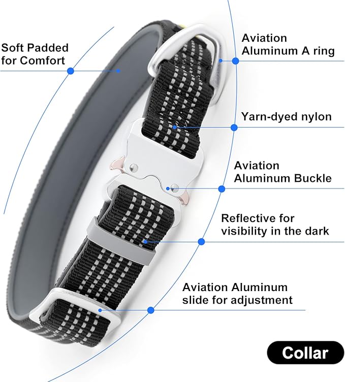 Plutus Pet Reflective Dog Collar with Aviation Aluminum Buckle, Neoprene Padded for Comfort, Lightweight, Heavy Duty Nylon Collar for Puppy Small Medium Large Dogs (Black, XL)