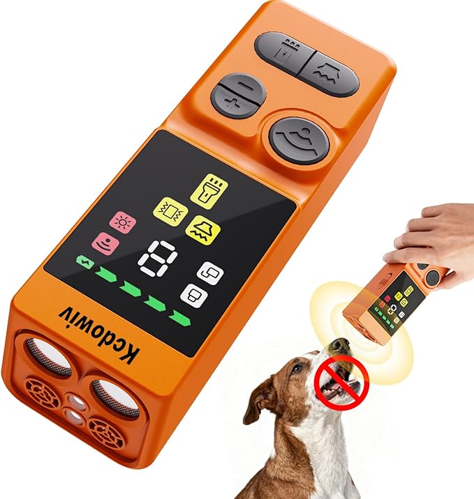 Dog Bark Deterrent Devices, Anti Barking Device for Dogs with Four Emitters, 59 ft Range, LED Flashlight, Rechargeable Handheld Trainer, Safe & Effective, Stop Neighbors Dog (Orange)