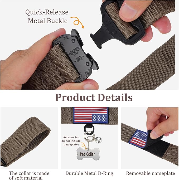 Heavy Duty Tactical Dog Collar Adjustable Nylon Pet Collars Quick Release Buckle with 2 D-Rings Patch for Medium, Large Dogs (Brown, Size L)
