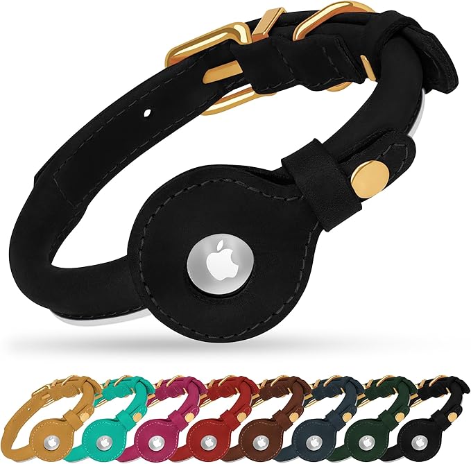 OOPSDOGGY Rolled Leather Dog Collar with Airtag Holder - Reflective Round Airtag Dog Collar - Soft Tracking Pet Collar for Small Dogs Puppy Cats Kitten (Black, L, 14"-18")