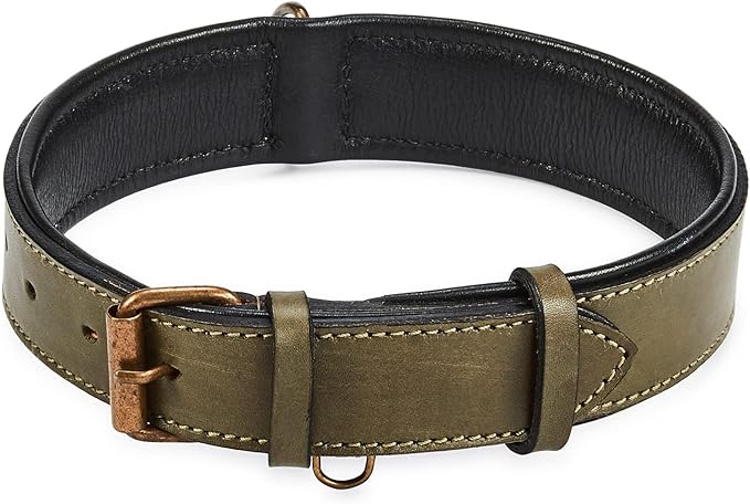 Real Leather Dog Collar Padded Soft Interiors with Premium Vintage Look Handcrafted Heavy Duty with Tag Ring for Small Medium and Large Pets (Large (1.5" Wide for 16.5" - 20.5" Neck), Olive)