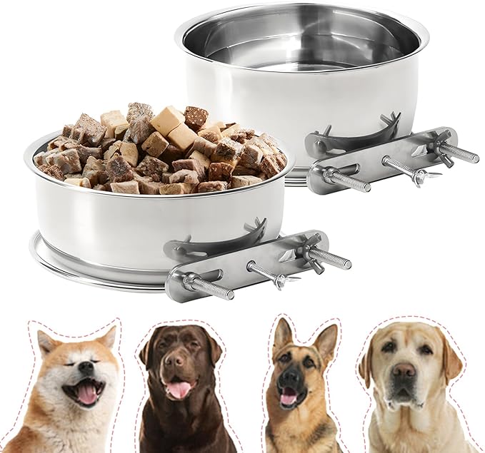 Large 2 Packs Hanging Water Bowls for Dog Crate Stainless Steel Kennel Water Bowl No Spill Adjustable Dog Water Dish for Medium Large Dogs Huge Pets (7.1 * 4.3”& 6.3 * 2.3”)