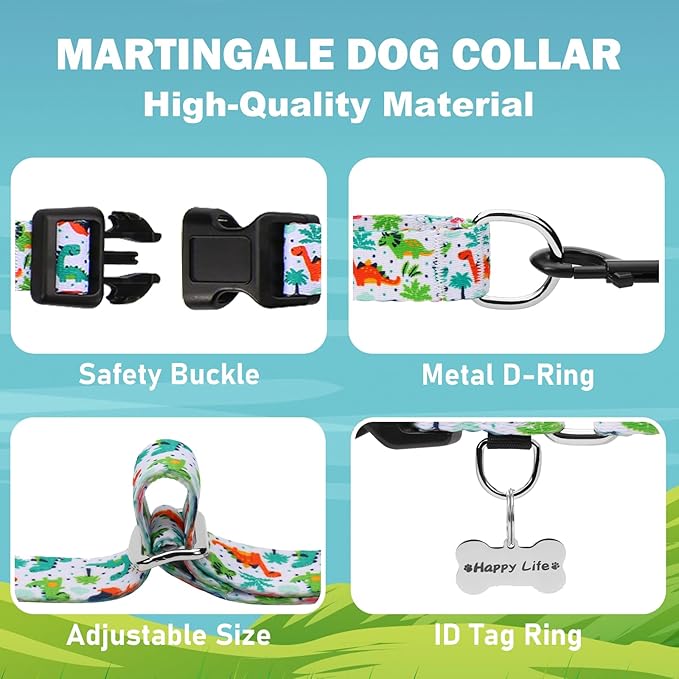 Martingale Dog Collars with Buckle No Pull Training Dog Collar for Small Dogs (Green Dinosaur, Small)