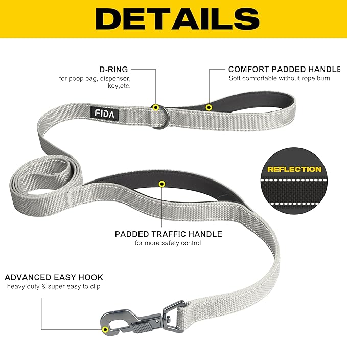 Fida 5 FT Heavy Duty Dog Leash with 2 Comfortable Padded Handles, Traffic Handle & Advanced Easy Snap Hook, Reflective Walking Lead for Large, Medium & Small Breed Dogs, Grey