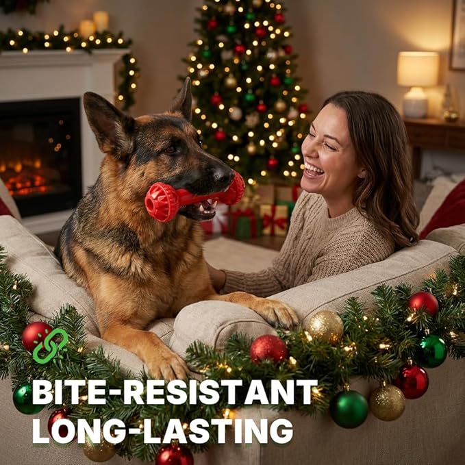 Festive Chew Toy Bone with Treat Dispenser - Interactive Holiday Puzzle Feeder for Aggressive Chewers