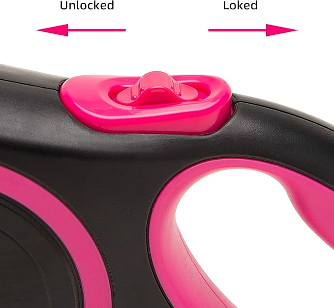 PINA Retractable Dog Leash, 26ft Dog Leash for Small Medium Large Dogs Up to 110lbs, 360° Tangle-Free Strong Reflective Nylon Tape, with Anti-Slip Handle, One-Handed Brake, Lock - Black Pink