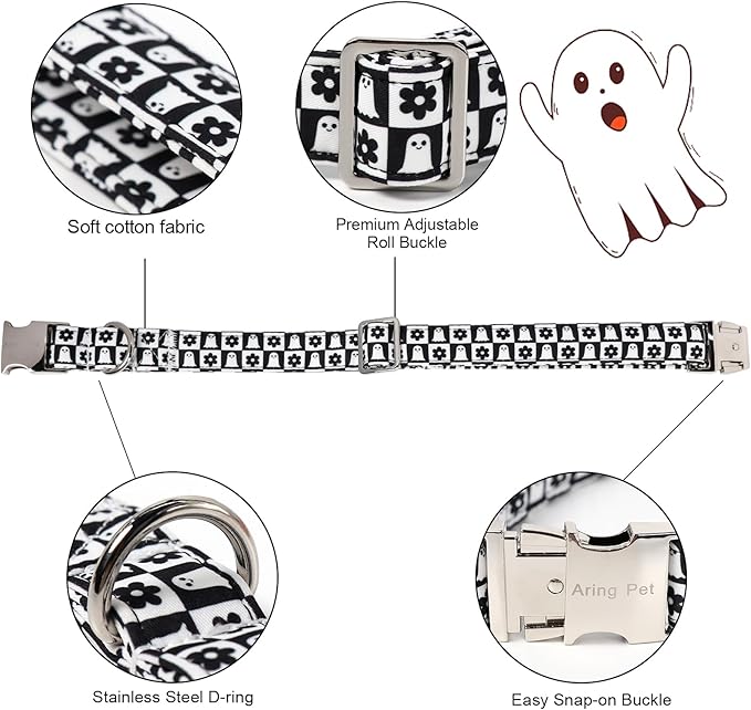 ARING PET Halloween Dog Collar with Bow, Black White Plaid Ghost Floral Cute Pet Collars with Quick Release Buckle for Puppy Small Medium Large Girl Boy Dogs-S