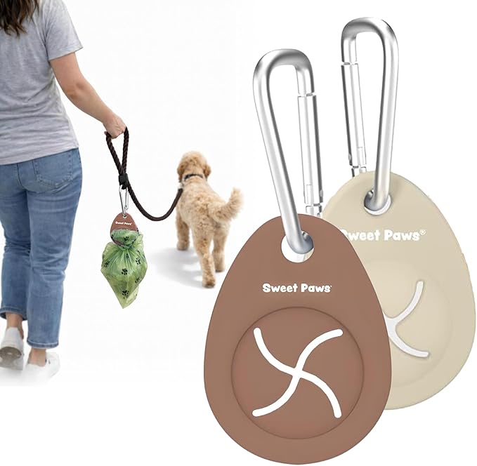Dog Poop Bag Holder Charm Duo – Hands-Free Carry of Used Poop Bag, Durable Eco-Friendly Silicone Dog Walking Accessory with Carabiner Clip, Mocha & Crème Brûlée 2 charms included