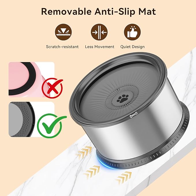 2PCS 2.5L No Spill Dog Water Bowl 84oz Stainless Steel Slow Water Bowl for Small Medium Dogs Splash Proof Pet Bowl with Anti-Slip Mat for Sloppy Messy Drinkers and Cats