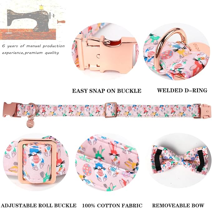 DOGWONG Easter Day Dog Collar-Cute Rabbit Easter Dog Collar with Bow, Cotton Eggs Dog Collars with Metal Buckle for Small Medium Large Dogs