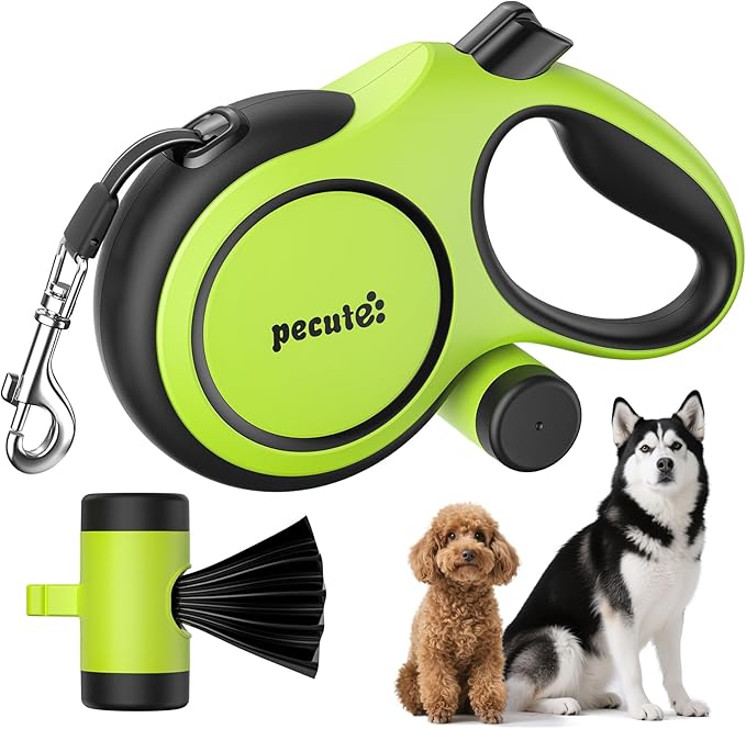 Pecute Retractable Dog Leash for Large Dogs, 26ft Heavy Duty Retractable Dog Leash with Poop Bag Holder, Anti-Slip Soft Grip, Reflective Leashes for Medium Large Pets for 33lbs-110lbs(Green)