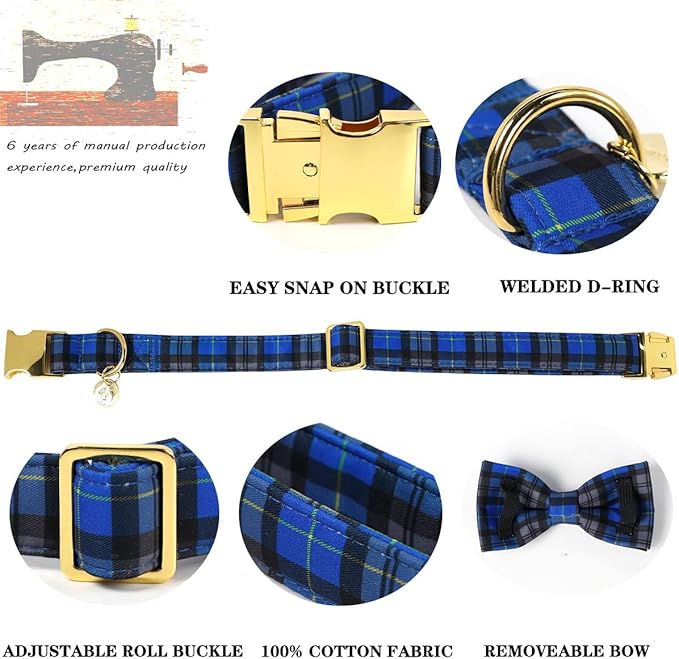 DOGWONG Christmas Dog Collar with Bow Tie, Blue Plaid Dog Collar Durable Metal Buckle Adjustable Soft & Cute Blue Checkered Dogs Collars for Small Medium Large Dogs, S