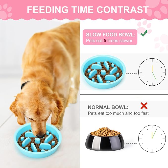 Slow Feeder Dog Bowls 3 in 1 Stainless Steel Dog Food and Water Bowls with Non-Spill and Non-Skid Silicone Mat to Slow Down Eating for Large Medium Small Breed Size Dogs and Cats (Light Grey)