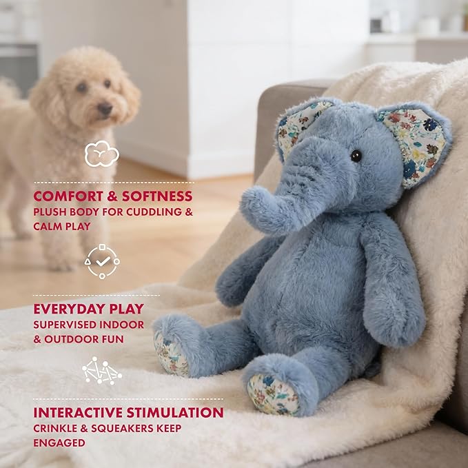 Pet Lou 15" Elephant Plush Dog Toy with Squeakers and Crinkle Paper, Super-Soft Durable Plush, Interactive Stuffed Dog Toy for Indoor & Outdoor Play, Blue