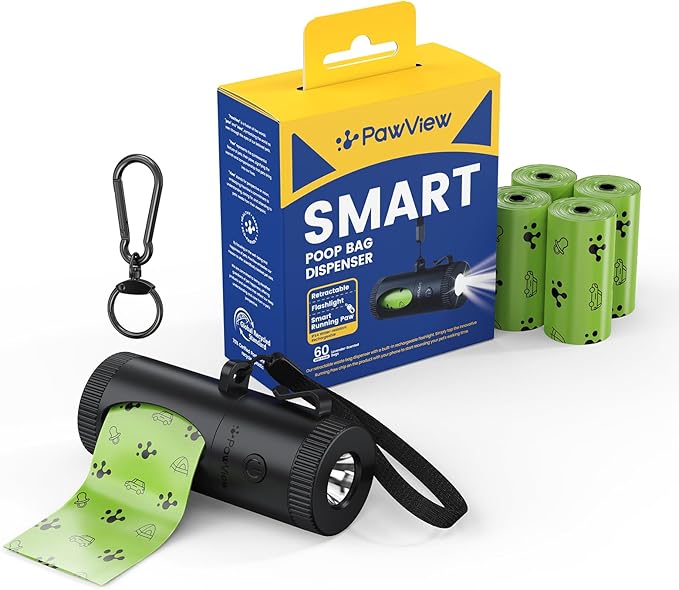 Dog Poop Bag Holder with 4 Modes Flashlight Rechargeable, Smart Dispenser with Used Bags Hook & Retractable Bags Design, Dog Walking Accessory with Carabiner Clip Fits Any Leash (60 Bags Included)