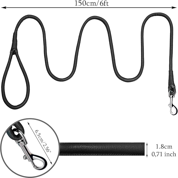 OOPSDOGGY Rolled Leather Dog Lead 6ft Heavy Duty Training Leash for Small Medium Large Dogs & Puppy Black Brown Red (Black, Large)