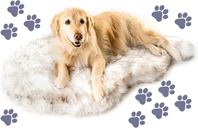 PAW BRANDS PupRug Orthopedic Dog Bed for Large Dogs with Fluffy Soft Faux Fur and Memory Foam for Joint Pain Relief, Machine Washable and Waterproof Couch Bed, White, Extra Large