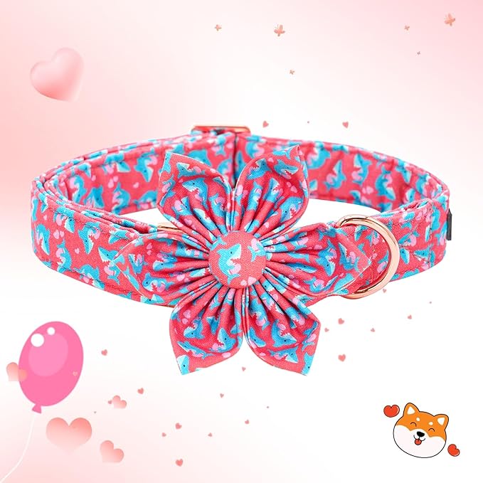 Elegant little tail Valentine's Dog Collar, Heart Dog Collar with Flower Cute Girl or Boy Pet Collars with Flower Puppy Gift Adjustable Pet Collars for Large Dogs