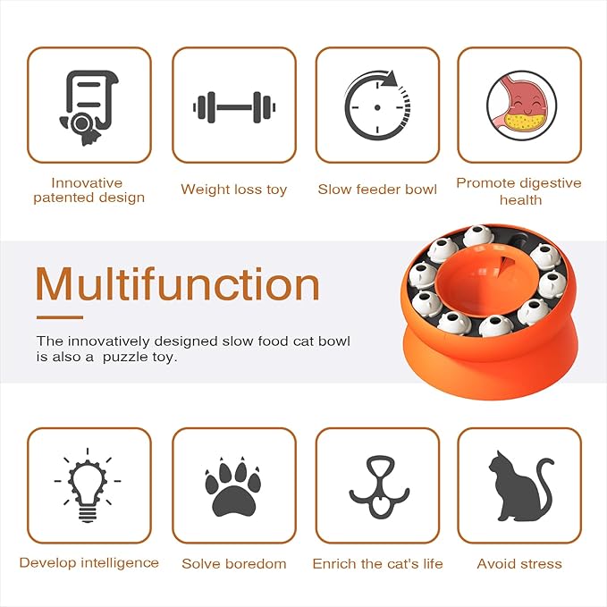 Interactive Cat Slow Feeder Bowl – Puzzle Bowl for Indoor Cats & Dogs, Kitten Puzzles Toys Treat Dispensing Food Dispenser (Orange)