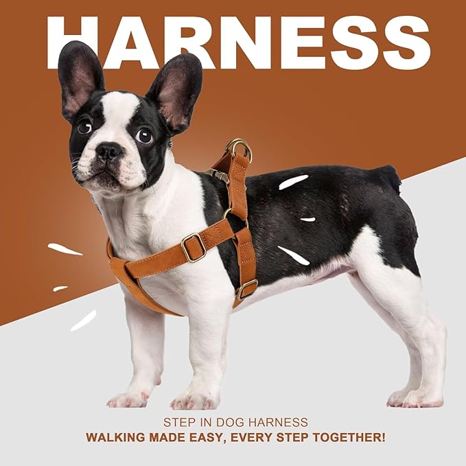 Didog Step in Dog Harness - PU Leather Dog Harness with Antique Bronze Metal Buckle, Easy Walk Dog Halter Harness for Medium Dogs Walking Training (Light Brown, S: Chest 16-22")
