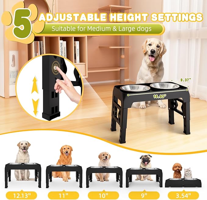 Elevated Dog Bowls for Medium Large Dogs - 5 Height Adjustable Mess Proof Raised Bowl Stand with 2 44oz Stainless Steel Food Bowls Dish Set Adjusts to 3.54’’-12.13’’ Non-Slip Black (DB-B)