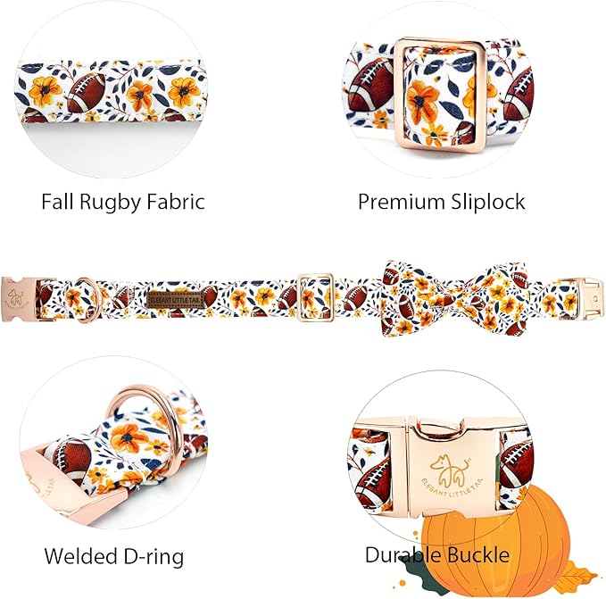 Elegant little tail Fall Dog Collar, Orange Floral with Rugby Print Pet Collars with Bow Puppy Collar Female or Male Cotton Adjustable Collars for Small Medium Large Dogs