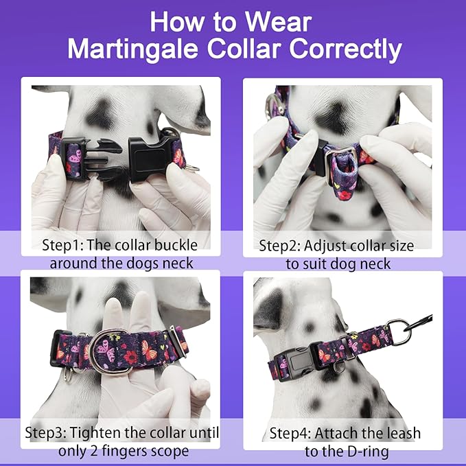 Martingale Collar with Buckle Purple Nylon Adjustable Cute Girl Female Dog Collars (Butterfly Floral, Small)