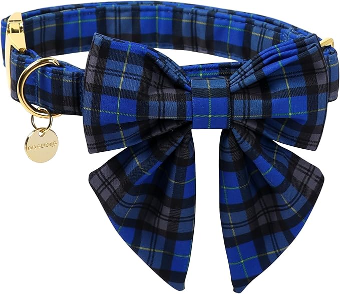 DOGWONG Christmas Dog Collar with Sailor Bow Tie, Blue Plaid Dog Collar Durable Metal Buckle Adjustable Blue Grid Dogs Collars for Small Dogs, XS