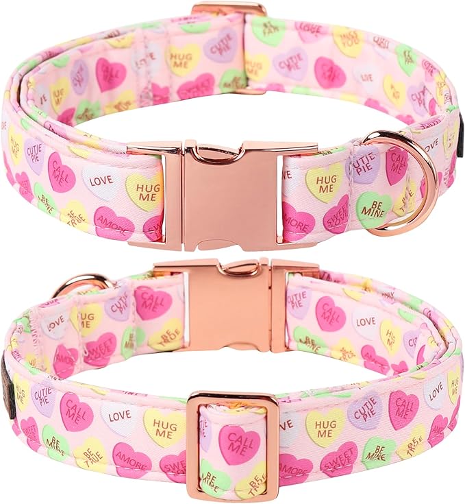 Lionet Paws Valentine's Pink Dog Collar, Cute Heart Dog Collar for Medium Dogs, Adjustable Cotton Pet Collars for Small Medium Dogs