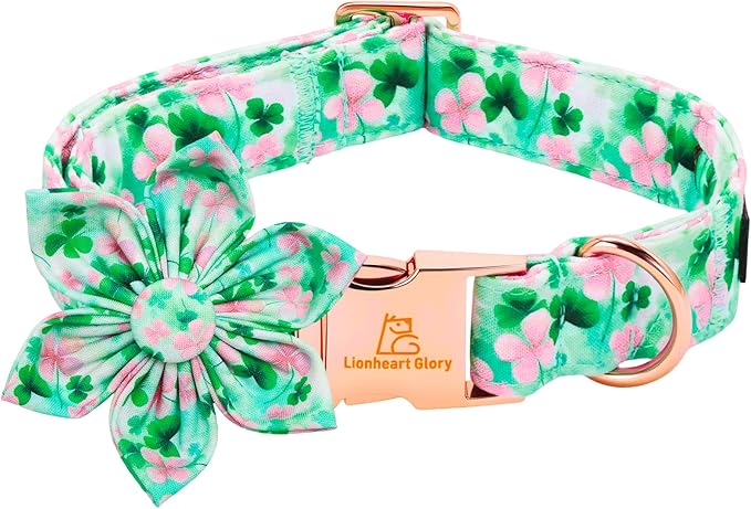 Lionheart glory St. Patrick's Day Dog Collar with Flower - Lucky Clover Shamrock Dog Collar for Medium Dogs Green Pink Spring Trefoil Collars Soft Adjustable Collars