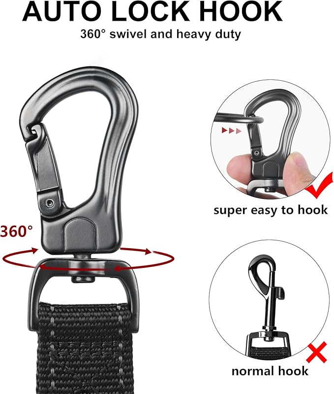 TwoEar 4FT 1IN Strong Black Dog Leash with 2 Padded Handles, Traffic Handle Extra Control, Comfortable Soft Dual Handle, Auto Lock Hook, Reflective Walking Lead for Small Medium and Large Dogs