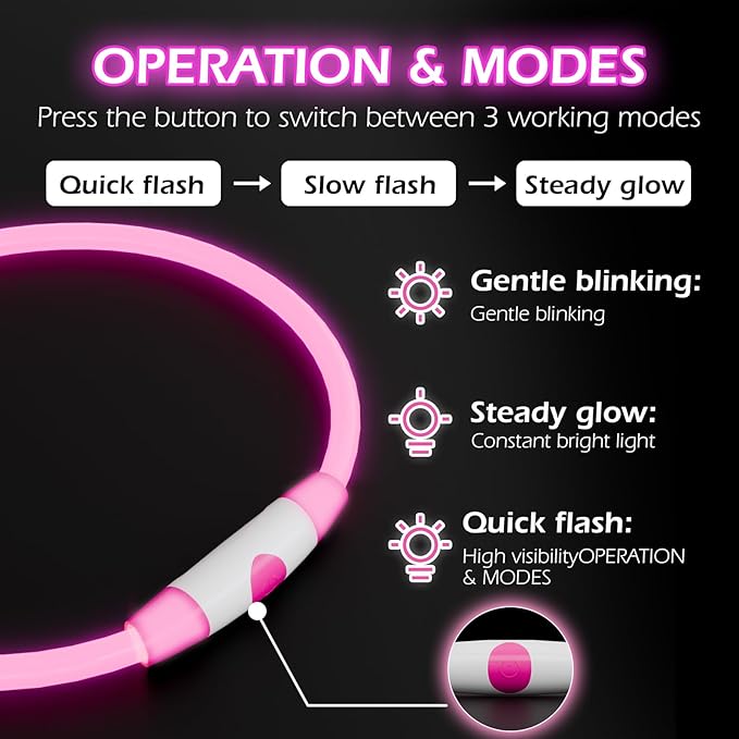 2-Pack Rechargeable Reflective Pet Gear LED Dog Collar Light Up, Flashing Glowing Illuminated Collar for Night Walking, Neon Pet Collar with Light for Small/Medium/Large Dogs (Pink&Red)