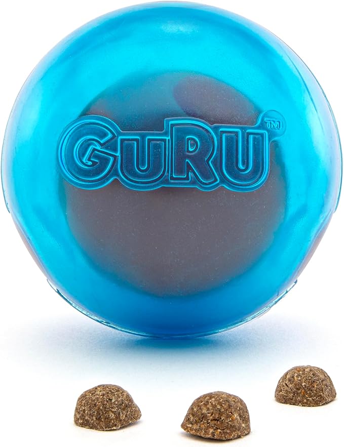 GURU Pet: Guru Ball - Medium Blue - Dog Toy, Hides & Dispenses Treats, Slow Feeding, Easy Loading, Durable Rubber, Roll-Bounce-Spin-Tumble-Solve-Play