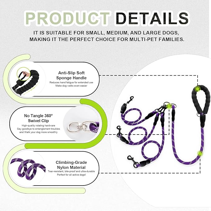 No-Tangle 3-Dog Leash - Main Lead Rope with Heavy-Duty Clip and Padded Handle, Three Detachable Leash Splitters, 4.76ft for Walking, Running, Small, Medium, Large Dogs (Purple)