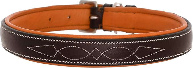 Exion Geniun Leather Dog Collar Designer Stitched Soft Leather Padded- Suitable for Small Medium Large X-Large Dogs for Walking Running- Havana with Conker Padding