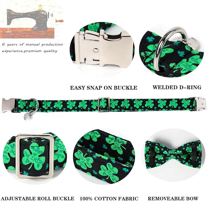 DOGWONG Green Lucky Clover Shamrock Dog Collar with Bowtie, Soft Adjustable St. Patrick's Day Lucky Charm Black Puppy Collar for Small Medium Large Dog