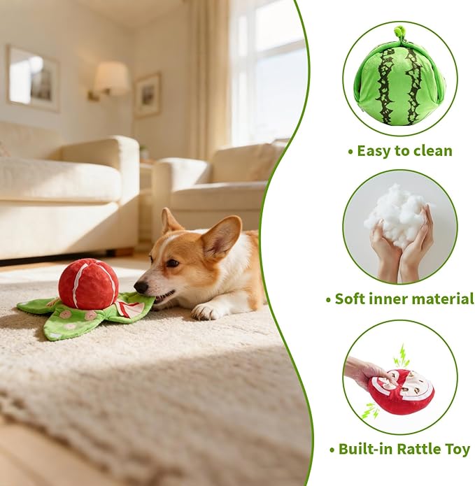 Orange Hide and Seek Plush Dog Toy, Squeakers and Crinkle Paper, Watermelon Puzzle Feeder for Small Medium Dogs, Boredom Relief & Training Aid (Orange)